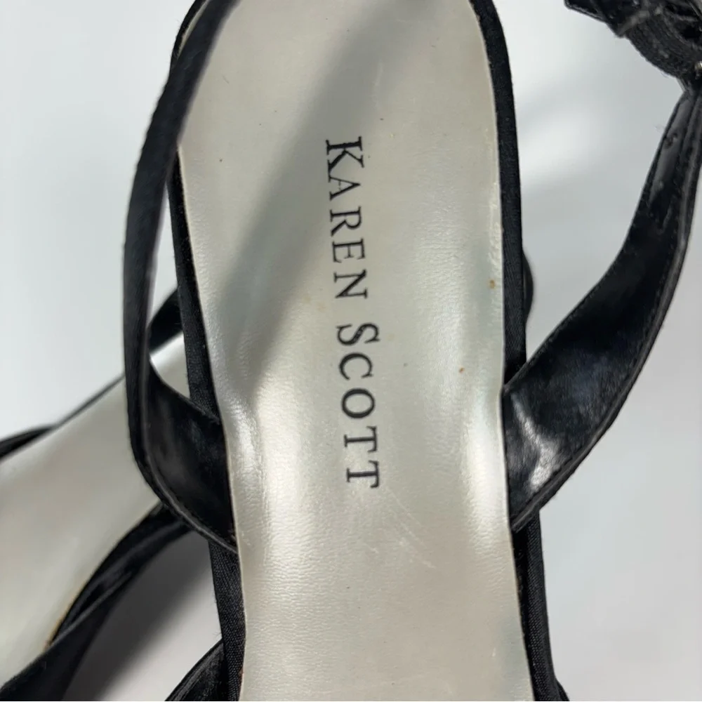 Karen Scott Pointed Toe Black Satin Sling back Kitten Heels‎ Bow Rhinestones 7.5
